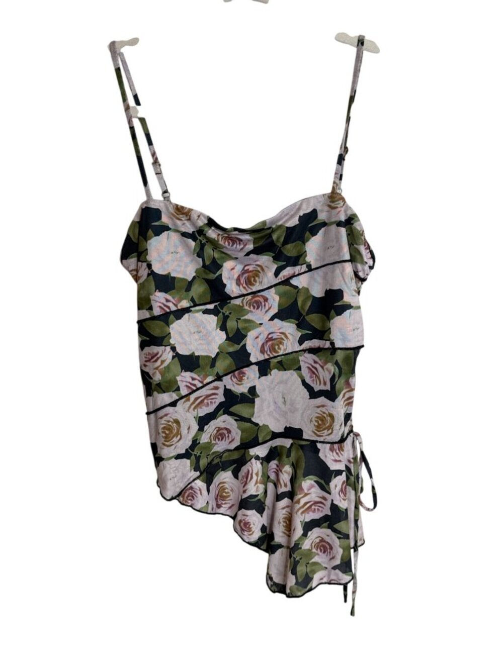 Rewind Large Rose Floral Asymmetrical Ruffle Cami Top Y2K